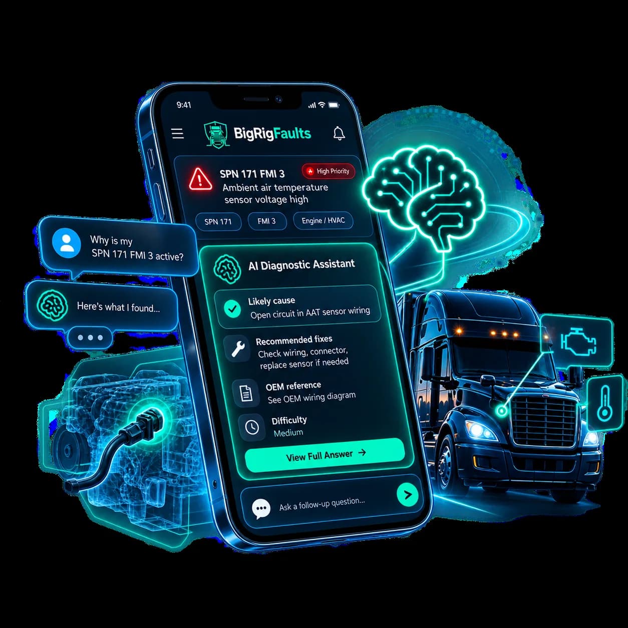 AI-assisted truck diagnostics interface concept